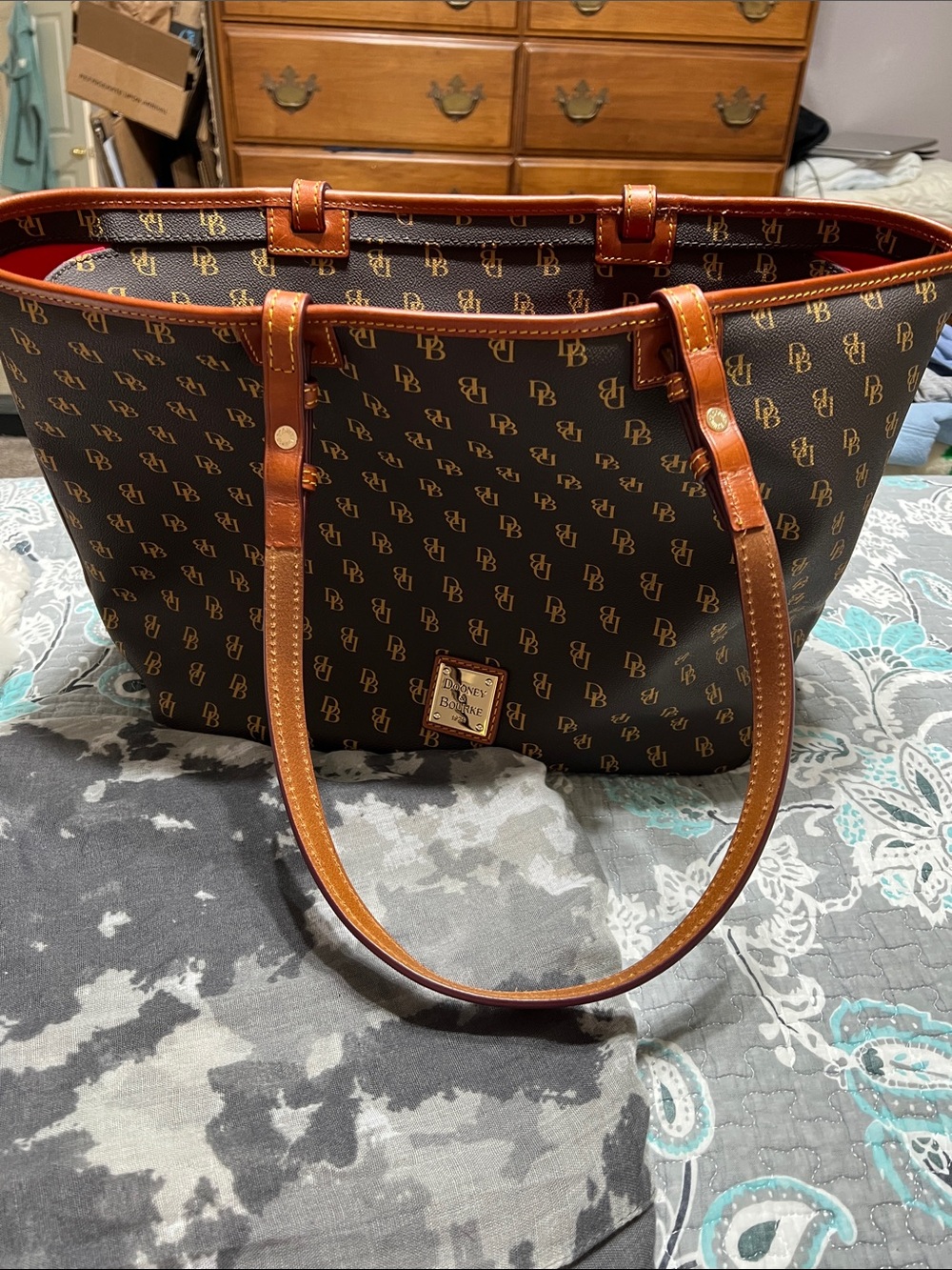 Dooney & Bourke Brown Signature Tote with Cognac Trim